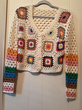 Crochet Cream Multicolor Granny Square Cardigan Sweater